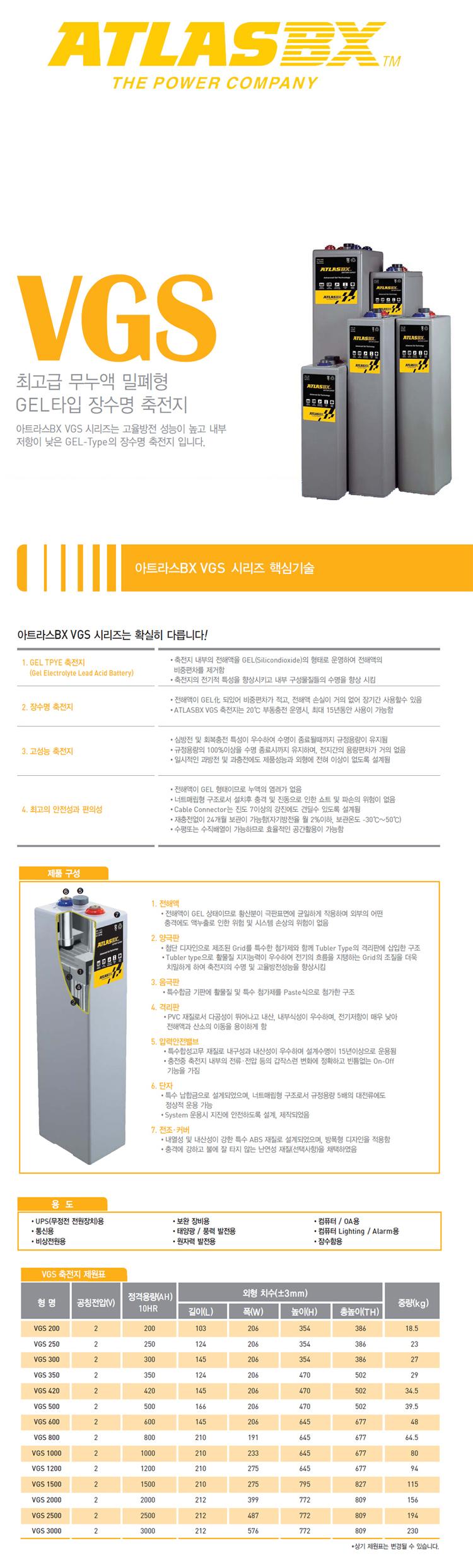 VGS1000 [2V-1000AH] 아트라스 ATLASBX 산업용배터리 상세 이미지 1